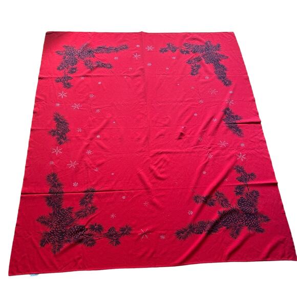 Vtg Christmas CALIFORNIA HAND PRINTS Tablecloth circa 1950s 60" x 52" Red silver - Picture 5 of 12